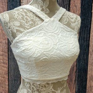 White Lace Overlay Crop Halter Neck Top